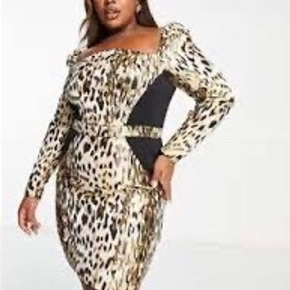 ASOS LUXE Curve Leopard Print Jacquard Mini Dress Gold Black US 22 NEW